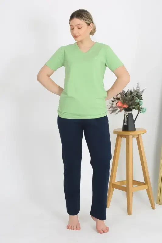 Akbeniz Kadın Kısa Kol Pamuk Penye Pijama Takım Fıstık Yeşili 4215 - 6