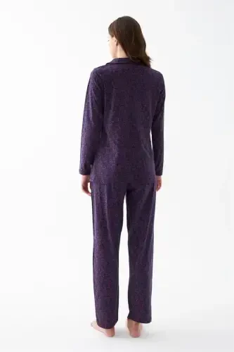 Akbeniz Kadın Lacivert Düğmeli Yaka Detaylı Desenli Pamuklu Pijama Takımı - 5
