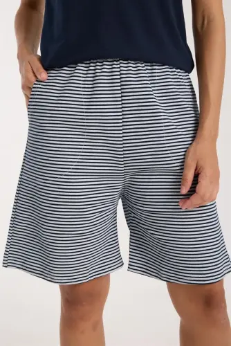 Akbeniz Kadın Lacivert Kurdele Detaylı Çizgili Şortlu Pijama Takımı - 8