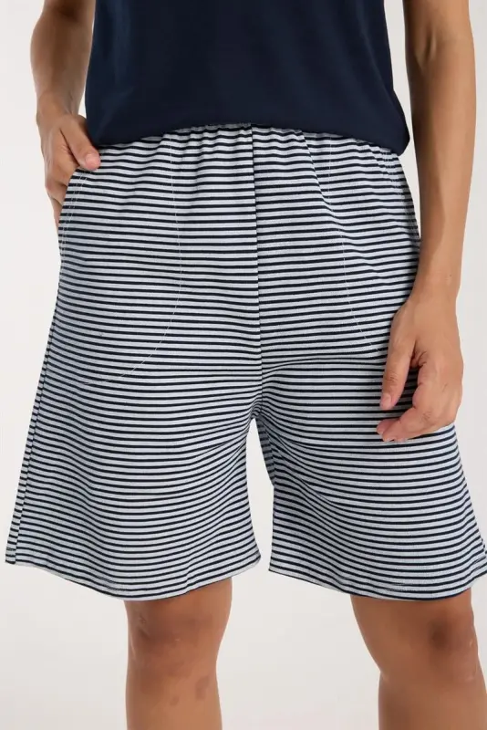 Akbeniz Kadın Lacivert Kurdele Detaylı Çizgili Şortlu Pijama Takımı - 8