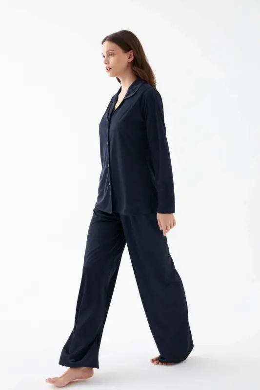 Kadın Lacivert Oversize Saten Pijama Takımı - 2