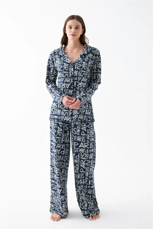 Akbeniz Kadın Lacivert “Paris” Yazı Desenli Düğmeli Pamuklu Pijama Takımı - 1
