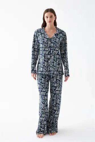 Akbeniz Kadın Lacivert “Paris” Yazı Desenli Düğmeli Pamuklu Pijama Takımı - 3