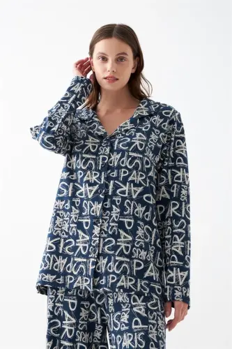 Akbeniz Kadın Lacivert “Paris” Yazı Desenli Düğmeli Pamuklu Pijama Takımı - 5
