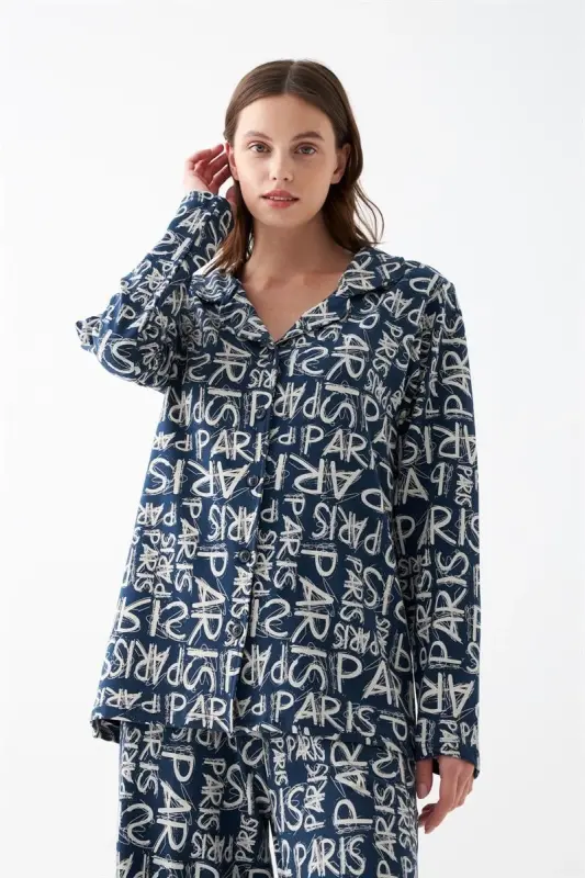 Akbeniz Kadın Lacivert “Paris” Yazı Desenli Düğmeli Pamuklu Pijama Takımı - 5