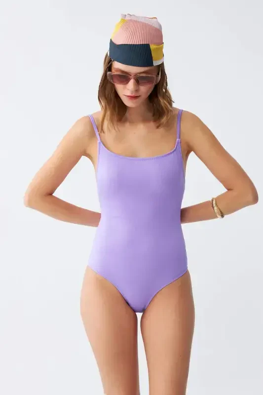 Akbeniz Kadın Lila Minimal Askılı Tek Parça Mayo - 4