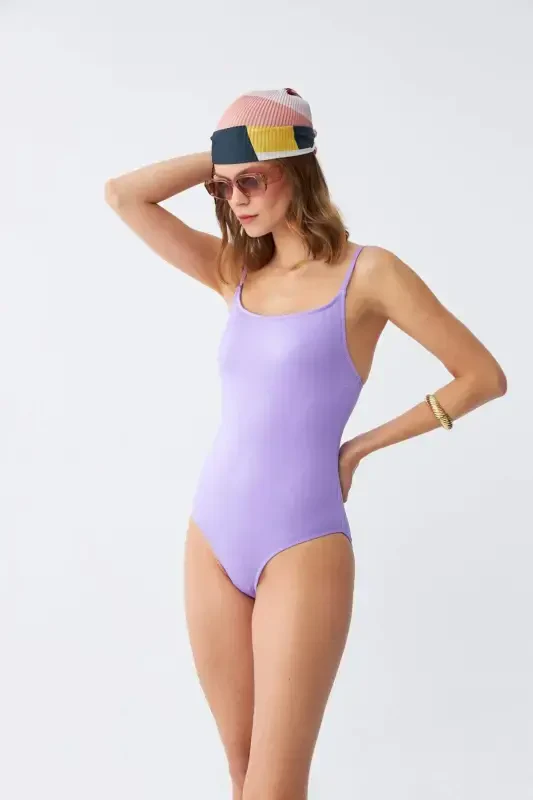 Akbeniz Kadın Lila Minimal Askılı Tek Parça Mayo - 3
