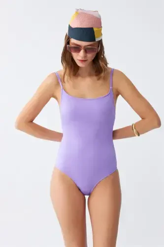 Akbeniz Kadın Lila Minimal Askılı Tek Parça Mayo - 4