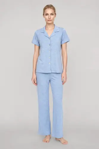 Akbeniz Kadın Mavi Klasik Gömlek Yaka Pijama Takımı - 1