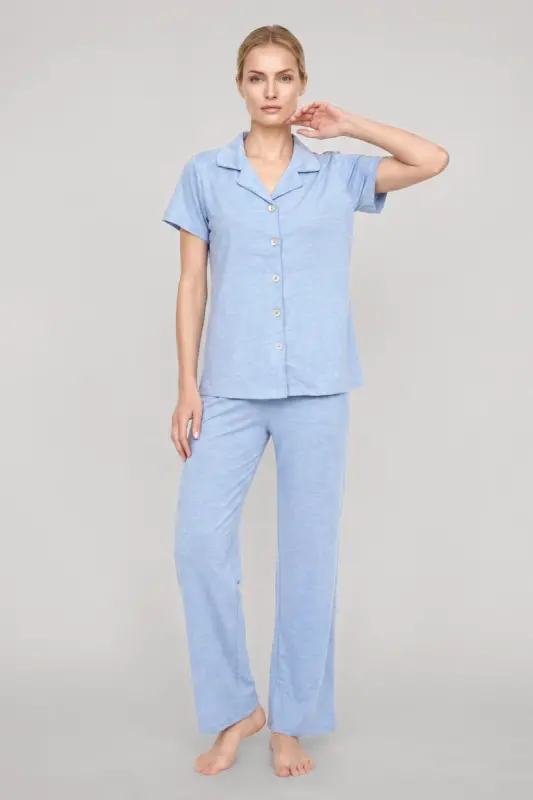 Akbeniz Kadın Mavi Klasik Gömlek Yaka Pijama Takımı - 2