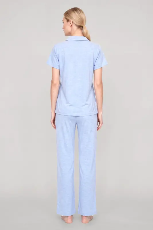 Akbeniz Kadın Mavi Klasik Gömlek Yaka Pijama Takımı - 3