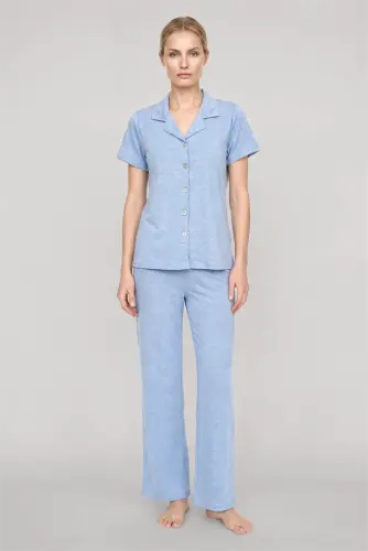 Akbeniz Women's Blue Classic Shirt Collar Pajama Set - 1