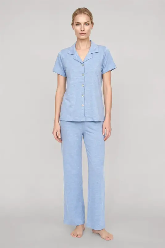 Akbeniz Women's Blue Classic Shirt Collar Pajama Set - 1