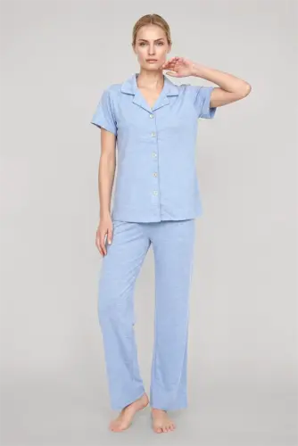 Akbeniz Women's Blue Classic Shirt Collar Pajama Set - Akbeniz (1)
