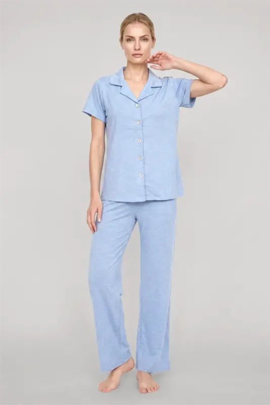 Akbeniz Women's Blue Classic Shirt Collar Pajama Set - 2