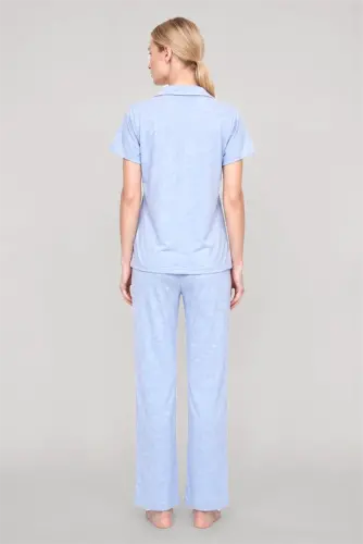 Akbeniz Women's Blue Classic Shirt Collar Pajama Set - 3