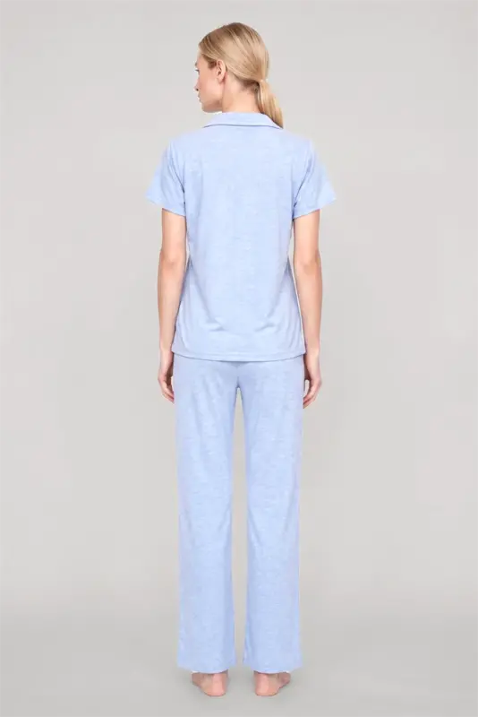 Akbeniz Women's Blue Classic Shirt Collar Pajama Set - 3