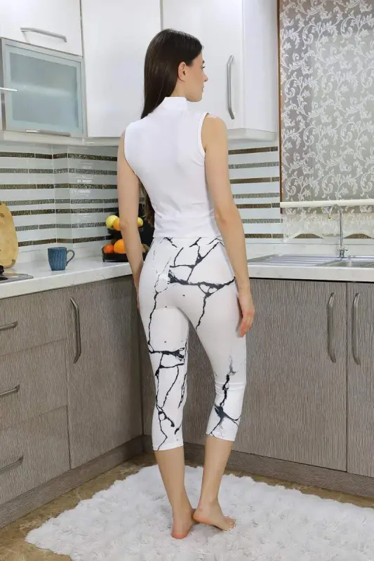 Akbeniz Kadın Micro Desenli Dizaltı Tayt Beyaz 5921 - 3