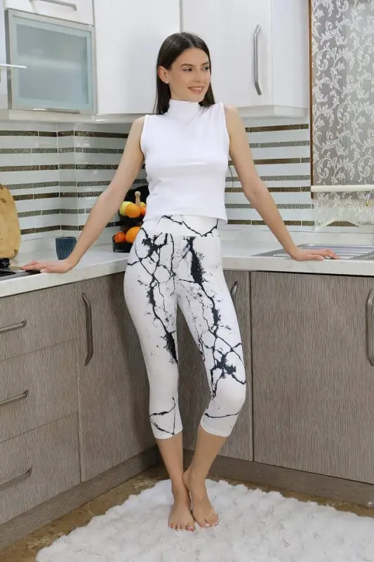 Akbeniz Kadın Micro Desenli Dizaltı Tayt Beyaz 5921 - 5