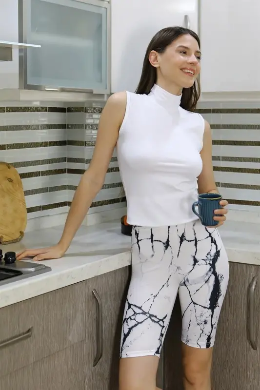 Akbeniz Kadın Micro Desenli Dizüstü Tayt Beyaz 5922 - 3