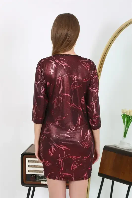 Akbeniz Kadın Micro Kumaş Mini Parlak Elbise 7420 Bordo - 5