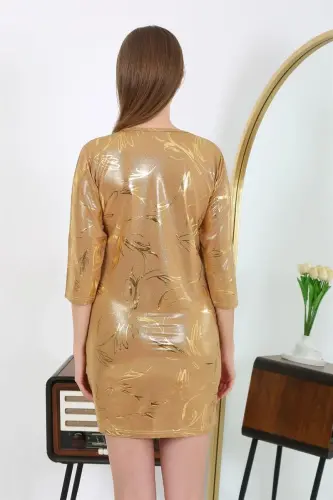 Akbeniz Kadın Micro Kumaş Mini Parlak Elbise 7420 Sarı - 6