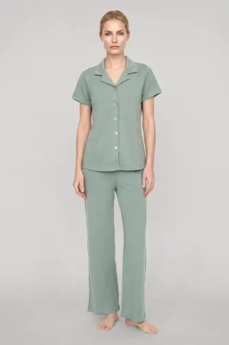 Akbeniz Kadın Mint Yeşili Klasik Gömlek Yaka Pijama Takımı - 1