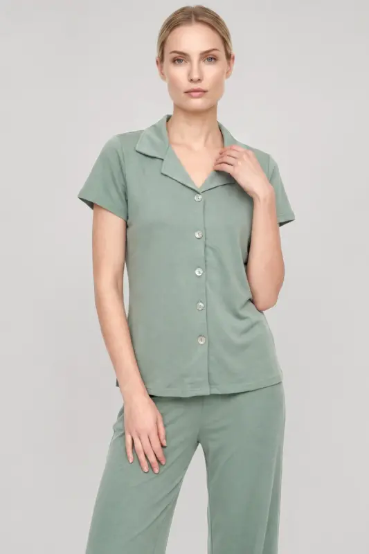 Akbeniz Kadın Mint Yeşili Klasik Gömlek Yaka Pijama Takımı - 3