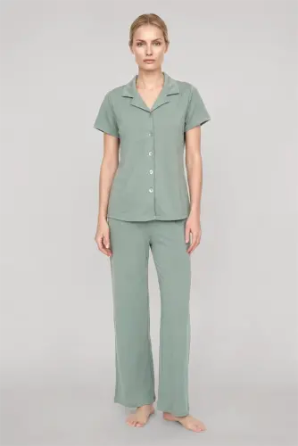 Akbeniz Women's Mint Green Classic Shirt Collar Pajama Set - 1