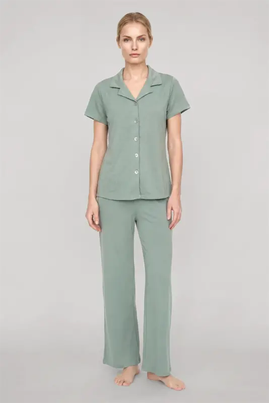 Akbeniz Women's Mint Green Classic Shirt Collar Pajama Set - 1