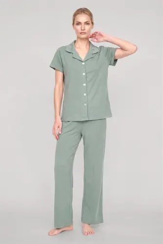Akbeniz Women's Mint Green Classic Shirt Collar Pajama Set - Akbeniz (1)