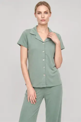 Akbeniz Women's Mint Green Classic Shirt Collar Pajama Set - 4
