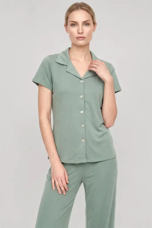 Akbeniz Women's Mint Green Classic Shirt Collar Pajama Set - 4