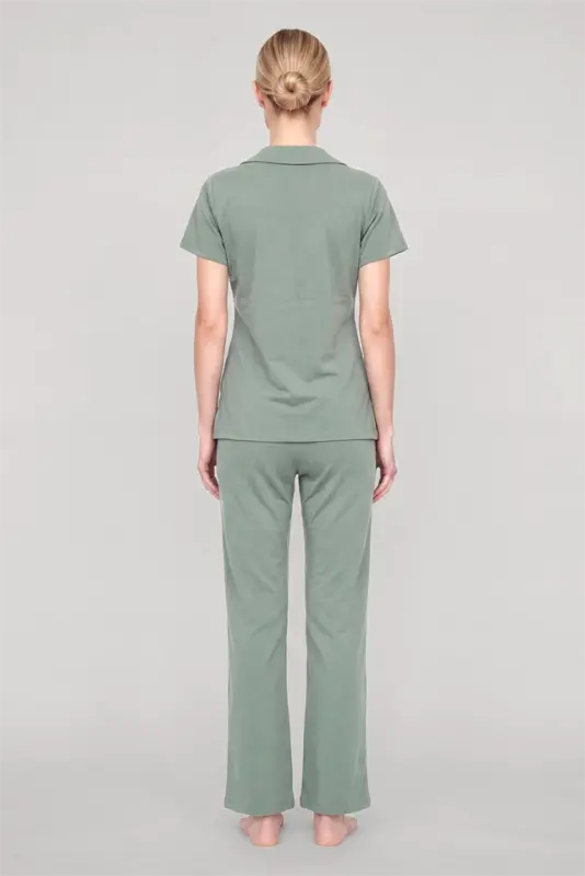 Akbeniz Women's Mint Green Classic Shirt Collar Pajama Set - 5
