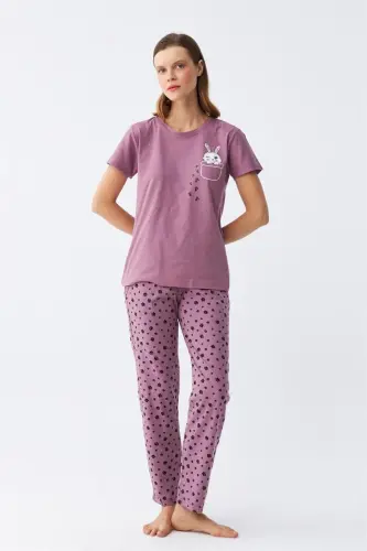 Akbeniz Kadın Mor Patili Tavşan Baskılı Cepli Pijama Takımı - 6