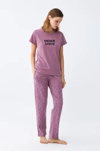 Akbeniz Kadın Mor Yıldız Desenli Penye Kısa Kol Pijama Takımı - 3