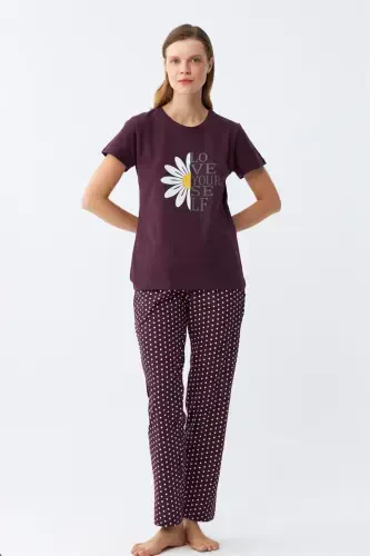 Akbeniz Kadın Mürdüm Papatya Baskılı Kısa Kollu Penye Pijama Takımı - 2