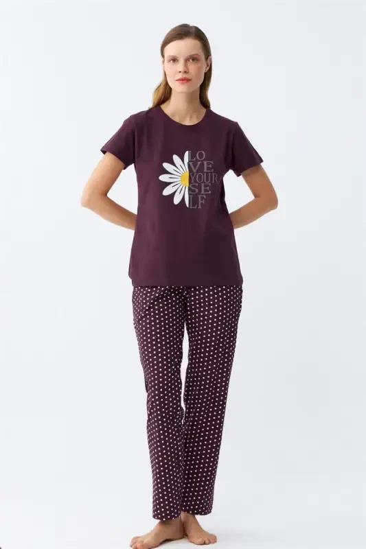 Akbeniz Kadın Mürdüm Papatya Baskılı Kısa Kollu Penye Pijama Takımı - 2