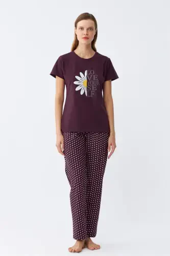 Akbeniz Kadın Mürdüm Papatya Baskılı Kısa Kollu Penye Pijama Takımı - 3