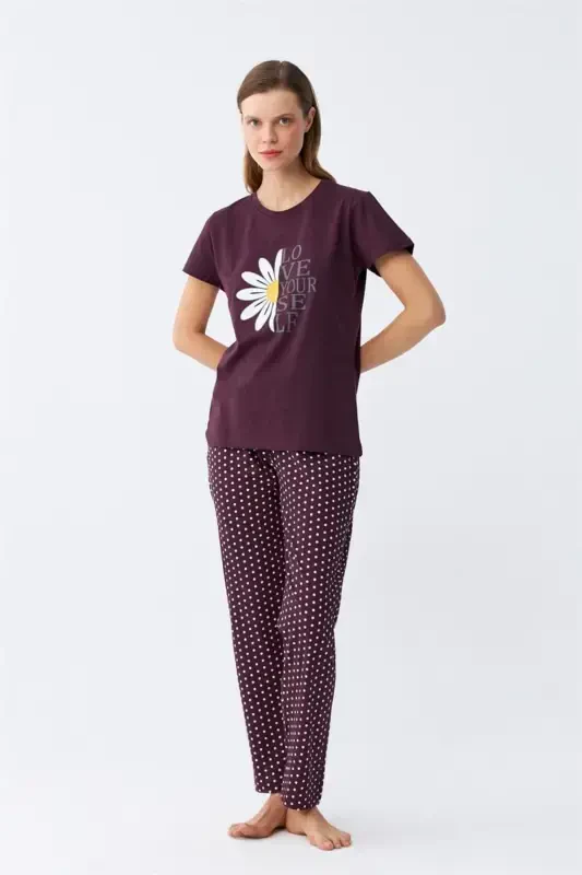 Akbeniz Kadın Mürdüm Papatya Baskılı Kısa Kollu Penye Pijama Takımı - 4