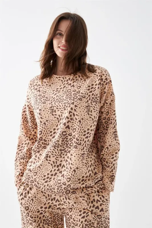 Akbeniz Kadın Oversize Bej Leopar Desenli Pamuklu Kalın Pijama Takımı - 2