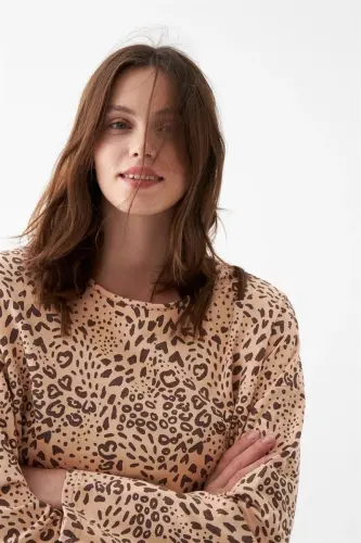 Akbeniz Kadın Oversize Bej Leopar Desenli Pamuklu Kalın Pijama Takımı - 3