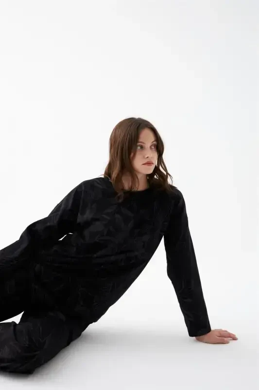 Akbeniz Kadın Oversize Siyah Çiçek Desenli Pamuklu Kalın Pijama Takımı - 2