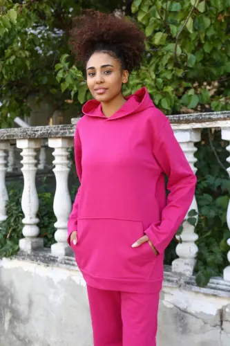 Akbeniz Kadın Pamuk Kapşonlu Cepli 3 İplik Fuşya Eşofman Takım 9037 - AKBENIZ (1)