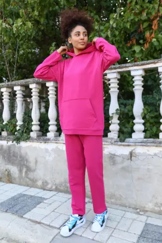 Akbeniz Kadın Pamuk Kapşonlu Cepli 3 İplik Fuşya Eşofman Takım 9037 - 5