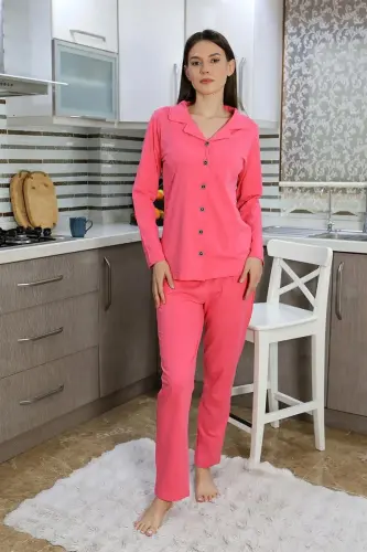 Akbeniz Kadın Pamuk Penye Önden Düğmeli Uzun Kol Pijama Takım Pembe 2783 - 2