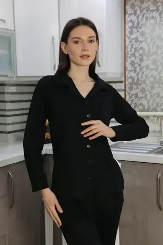Akbeniz Kadın Pamuk Penye Önden Düğmeli Uzun Kol Pijama Takım Siyah 2783 - 3