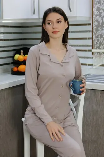 Akbeniz Kadın Pamuk Penye Önden Düğmeli Uzun Kol Pijama Takım Vizon 2783 - 1