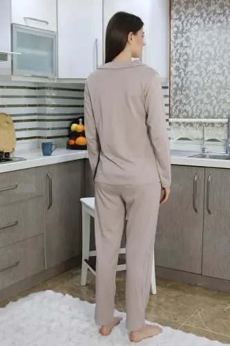 Akbeniz Kadın Pamuk Penye Önden Düğmeli Uzun Kol Pijama Takım Vizon 2783 - 4