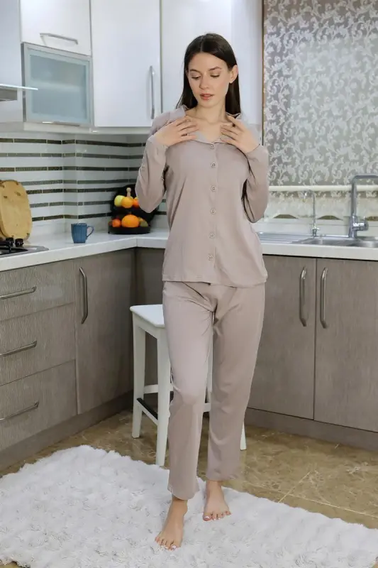 Akbeniz Kadın Pamuk Penye Önden Düğmeli Uzun Kol Pijama Takım Vizon 2783 - 5